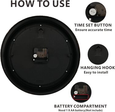 DIYZON Round Classic Wall Clock, Silent No Ticking, 40 cm High-Quality Quartz Vintage Clock, Large Number Retro Decorative Clock, Battery-Powered, Easy to Read for Home, Kitchen, Dining Room (Black-1, 25CM)