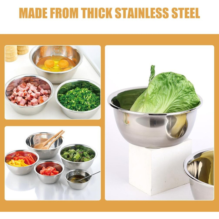 Набір з 5 чаш для перемішування GLEAVI з нержавіючої сталі: салатники, чаші для випічки, кухонні чаші для змішування та подачі, для збивання яєць