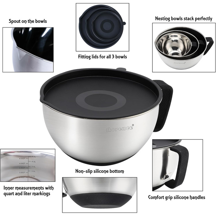 Rorence Stainless Steel Mixing Bowls with Pour Spout, Handle, and Lid, Set of 3, Black