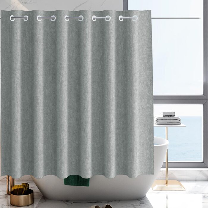 Штора для душу YISURE без гачків, льон, 120x200 см, сіра. Водовідштовхувальна тканина, машинне прання