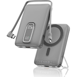 Power Bank MagSafe 10000mAh з USB-C кабелем, 22.5W, бездротова зарядка для iPhone 17/16/15/14/13/12 Max/Pro/Plus (Сірий)