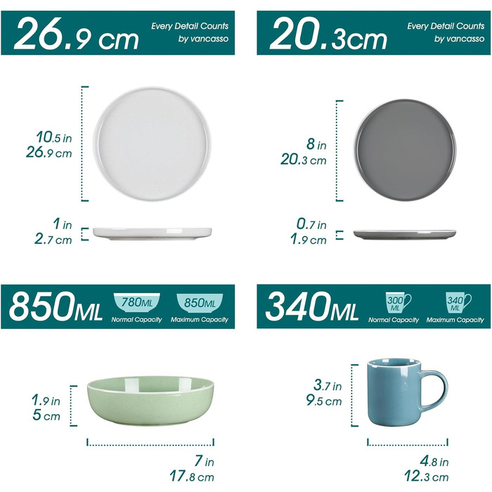 Набір посуду Vancasso SESAM Serie (16 предметів) – керамічний сервіз для 4-12 осіб, скандинавський дизайн (темно-сірий, сірий, блакитний, зелений)