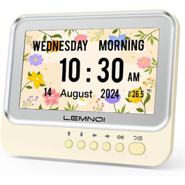 Lemnoi 7-Inch Digital Calendar, Senior Clock with Date and Day of the Week, Wall Clock for Dementia Patients with Temperature, 15 Alarms & Medication Reminder (white)