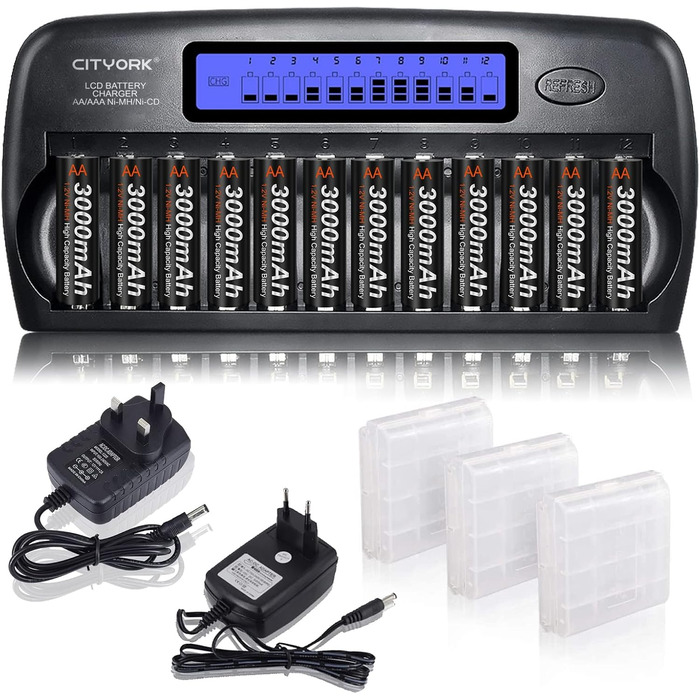 Зарядний пристрій CITYORK 12 Bay LCD з інтелектуальним захистом IC для AA/AAA NI-MH/NI-аккумуляторів, з адаптером та комплектом AA-аккумуляторів