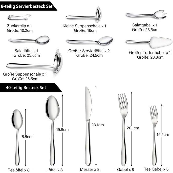 48-Piece Cutlery Set, 8 People, Stainless Steel Cutlery Set with Serving Cutlery, Dining Cutlery with Forks, Knives, Spoons, Serving Set, Polished, Dishwasher Safe