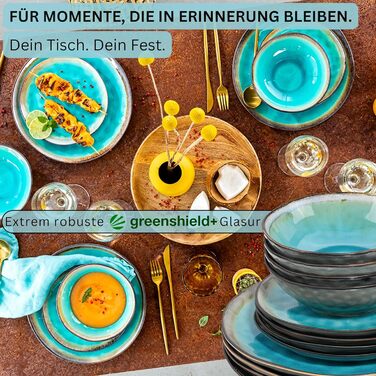 SÄNGER | Capri Tableware Service, 24-Piece Plate Set for 8 People, Stoneware Dinnerware Plates Set Dessert Plates Dinner Plates & Bowls, Handmade Plates, Turquoise Blue Dinner Service with Grey Rim, 24-Piece Tableware Set