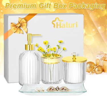 Haturi Bathroom Accessory Set, 4-Piece, Glass Bathroom Accessory Set, Complete with Lotion Soap Dispenser, Toothbrush Holder, Apothecary Jar, Vanity Tray, Bathroom Decor, Gift for (Transparent)
