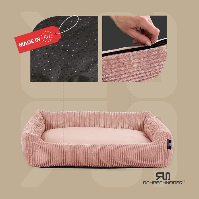 Rohrschneider Washable Dog Bed for Small and Medium-Sized Dogs with Dog Cushion Cord (approx. 70x50 cm) incl. Poop Bags (Powder Pink, Cord Fabric Wide)