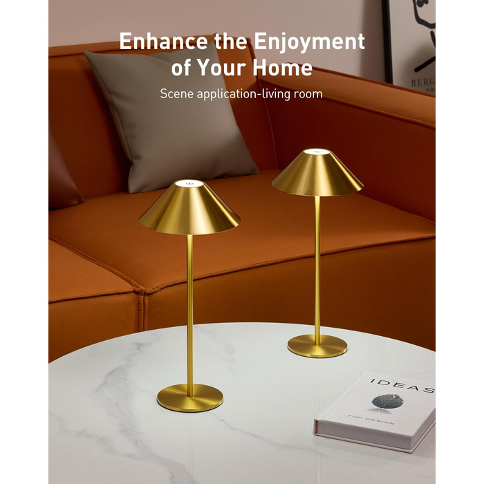 LED-лампа настільна бездротова золота, 2 шт. - акумулятор, USB, сенсорне керування, IP54, для дому та вулиці