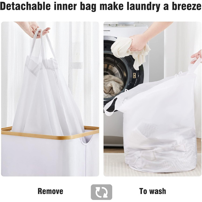 YOUDENOVA Laundry Basket with Lid 85L Laundry Collector Slim with Laundry Bag Large Foldable Laundry Sorter Wood Bamboo Laundry Chest High Laundry Baskets, White