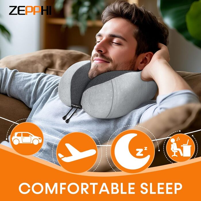Подушка для шиї у літак - подушка для подорожей з регулюванням Memory Foam - подушка-вишенка з м'яким, дихаючим чохлом - ідеально для кемпінгу, офісу, авто, літака, подушка для сну (Сірий)