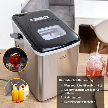 Льодогенератор First Austria 1.8л, 150W з компресором: 12 кг/24год, швидке виробництво (7-9 хв), кубики S/L, мобільний, сірий/чорний