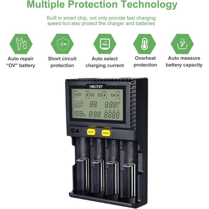 Зарядний пристрій для акумуляторів AUKSKY з LCD-дисплеєм (8 слотів) - універсальна зарядка для NI-MH, NI-Cd, AA, AAA, 14500, 18350, 21700, 26650, Li-Ion, LiFePO4, RCR123A (1.5A, 4 порти)