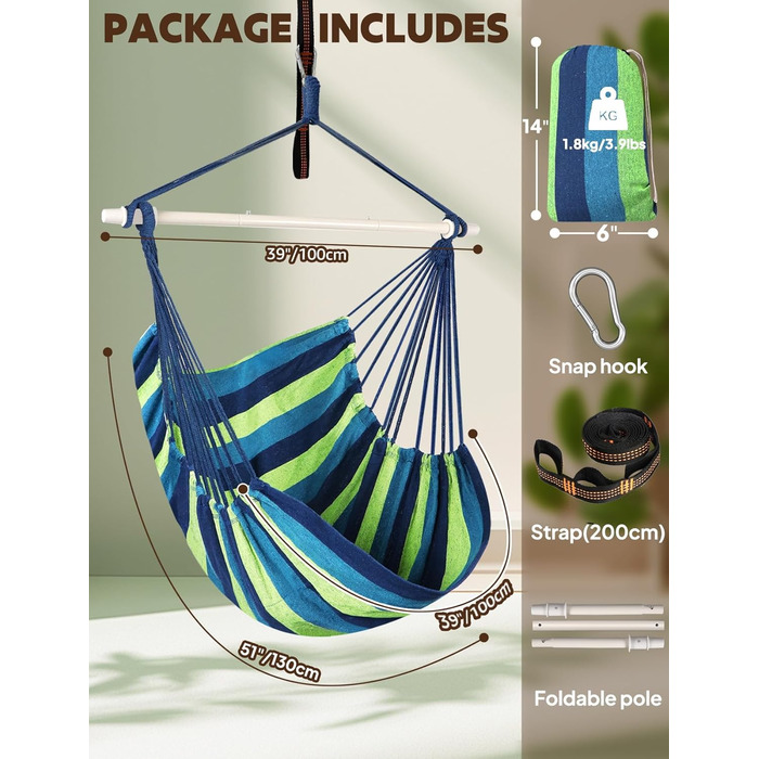 Підвісне крісло-гойдалка Chihee для дому та саду 130x100 см, смугасте (синьо-зелене). Бавовна, високий комфорт, для тераси, двору, саду.