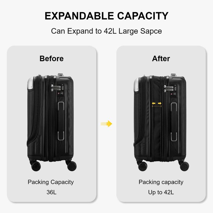 Чемодан-валіза на колесах LEVEL8, ручна поклажа, жорсткий корпус, розширюваний, з TSA замком, чорний, 37x25x55.5 см