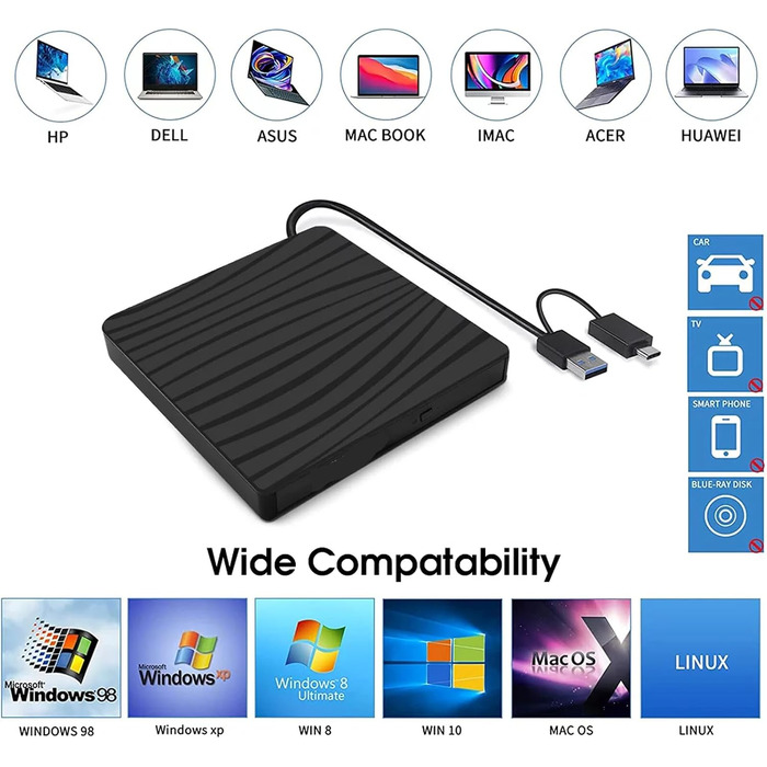 Зовнішній DVD-привід USB 3.0 та Type-C, портативний CD/DVD+/-RW ROM записувач для ноутбука та ПК, сумісний з Windows та Linux