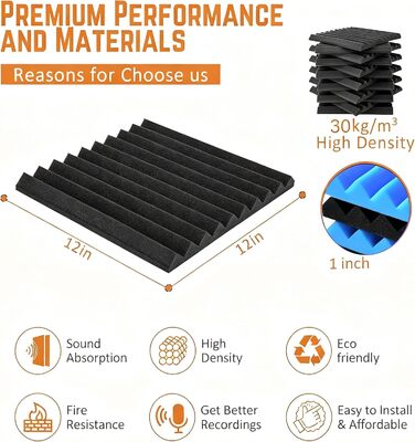 Самоклеїться акустичні панелі з шумопоглинаючого поролону, звукоізоляційні плити для студії та офісу, чорні, 30x30x2.5 см (48 штук)