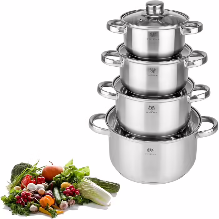 KARL HAUSMANN Pot Set Induction Stainless Steel 4-Piece - Cookware for All Cooktops - Cookware Set with Glass Lid - Pots with Measuring Scale - Pot Set - Cookware Set - Pot Sets - Pots - Induction Pots