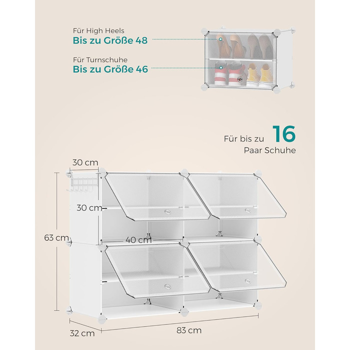 SONGMICS 10-Tier Shoe Rack, Shoe Cabinet, 30 x 40 x 30 cm per compartment, slim, with doors, steel frame, plastic, for hallway, bedroom, entryway, LPC035B01 (4 compartments (83B x 63H cm), White)