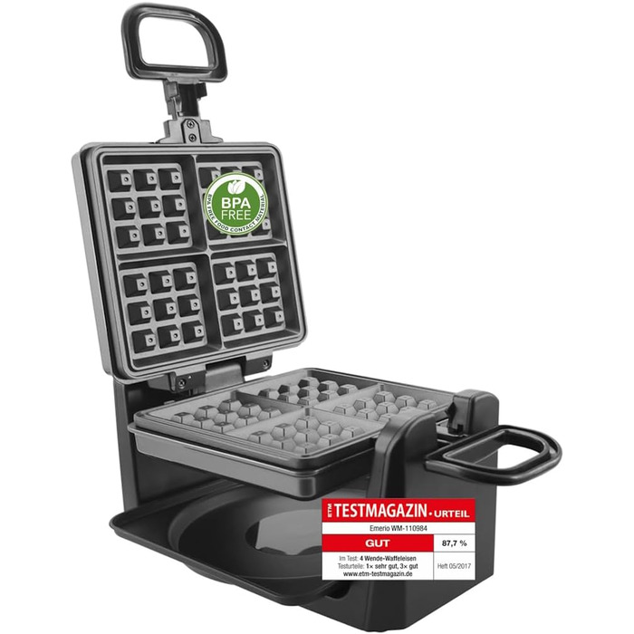 Вафельниця Emerio для приготування 4 бельгійських вафель одночасно з професійним обертанням, антипригарне покриття, регулятор температури, 1000 Вт, срібна, WM-110984.4. Без BPA