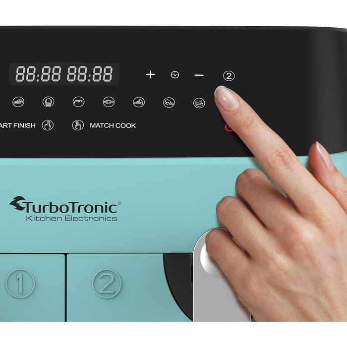 TurboTronic Подвійна цифрова аерофритюрниця XXL 9 л, 12 програм, подвійна камера 2×4,5 л, фритюрниця без олії, синя