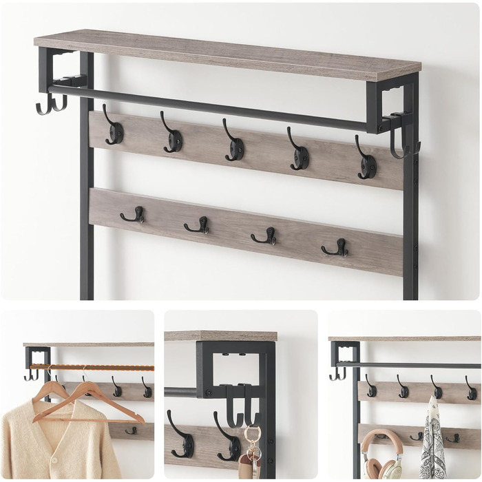 HOOBRO Coat Rack with Shoe Storage, Shoe Shelf with Coat Rack, Clothes Rack with 5-Tier Shoe Storage, Coat Rack with Shoe Cabinet, Adjustable Metal Grid Shelf, Greige EBG75MT01