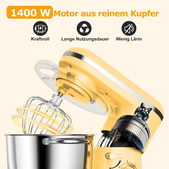 Кухонна машина AUMATE 1400 Вт, планетарний міксер з чашею 6,2 л, тістоміс з набором насадок (гак, вінчик, міксер), 6 швидкостей, лимонний колір