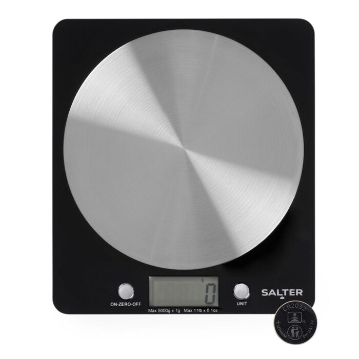 Кухонні ваги Salter 1036 BKSSDR: цифрові, 5 кг, з функцією тарування, нержавіюча сталь, LCD-дисплей, вимірювання рідин (ml/fl.oz)