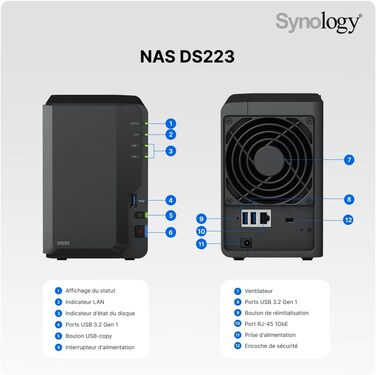 Synology DS223 - 2-Bay NAS DiskStation, Чорний, 2 ГБ RAM, 1x RJ-45 LAN, Realtek RTD1619B, 0TB