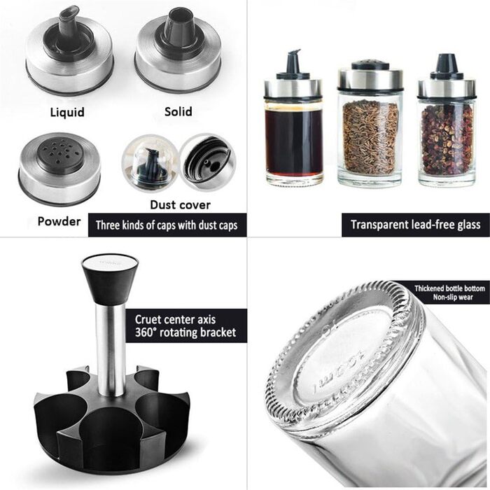 Spice Jar Oil Bottle Salt and Pepper Shakers Glass Jars with Rotating Holder, 100ml (6-Jar)