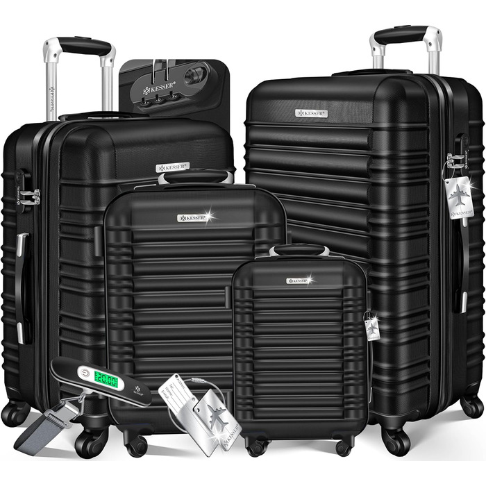 Набір валіз KESSER® 4 шт. з жорстким корпусом (S, M, L, XL) з ABS-пластику, телескопічною ручкою, вбудованою вагами та білгетом, коліщата 4 шт., замок, чорний