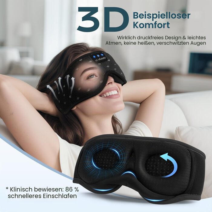 Маска для сну з навушниками Bluetooth 5.4 Dolida, 3D комфорт, чорна - для сну, подорожей, йоги, медитації