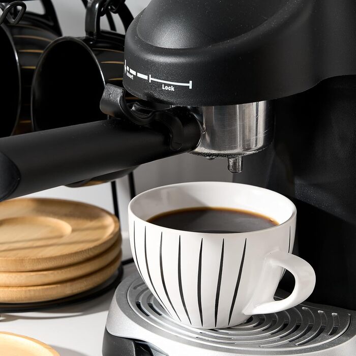 Набір керамічних кавових чашок LUKA з підставками та металевим тримачем (6 шт.), 118 мл, порцелянові демітас для еспресо, лате, кави, мокко, чаю, в смугастих кольорах білий та чорний