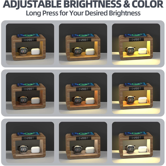 Багатофункціональна бамбукова зарядна станція 5-в-1 з бездротовим зарядним пристроєм, світлодіодним нічником та годинником, сумісна з Apple Watch, AirPods, Samsung Galaxy та іншими пристроями