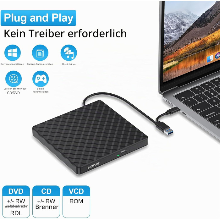 Зовнішній DVD-привід BENEWY USB 3.0 та USB-C, CD/DVD гравер для ноутбука та ПК (Windows, macOS, Linux)