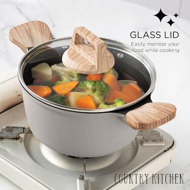 Набір посуду Country Kitchen 14 предметів: каструлі, сковороди, кухонні прилади. Антипригарне покриття, алюмінієвий литий посуд, кремовий колір