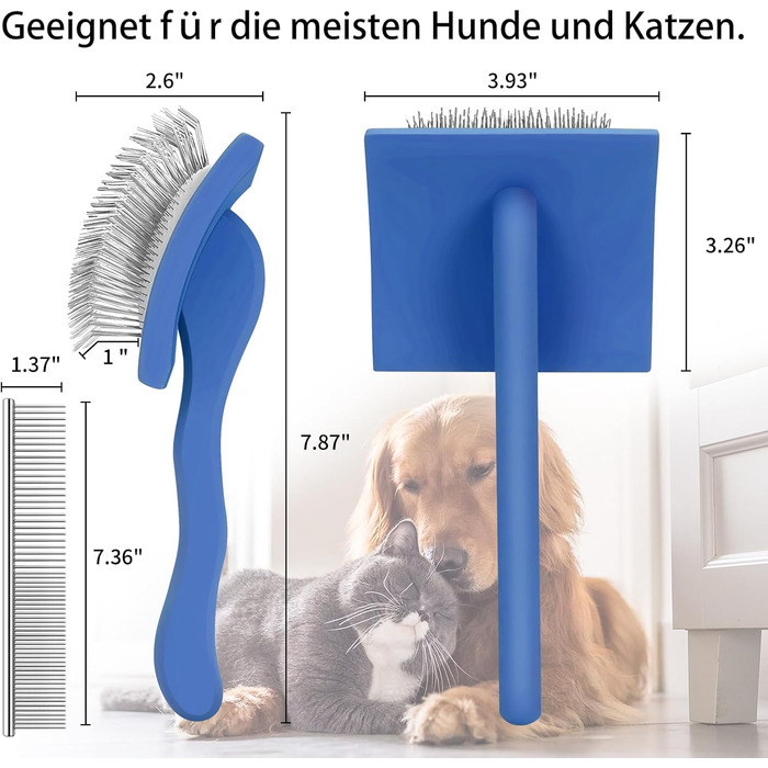 Гребінець для собак та котів Slicker з дерев'яною ручкою та довгими шпильками з нержавіючої сталі – видаляє підшерсток, ковтуни та вузли – з гребенем для догляду – для Голден Ретрівірів та Мейн Кунів – великий (синій)