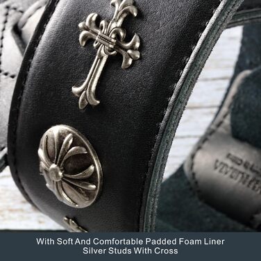 Гітарний ремінь Nefelibata з повном'якої шкіри, з підкладкою з піни, з срібними заклепками, для електро-, акустичної та бас-гітари (2,5' ширини, карбон-чорний), з хрестом