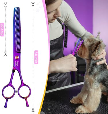 Професійна вигнута ножиця для собак JASON - 7,5' ножиця для грумінгу собак з японської нержавіючої сталі. Ножиці для догляду за шерстю собак та котів (вигнуті, фіолетові) (тонке розрідження)