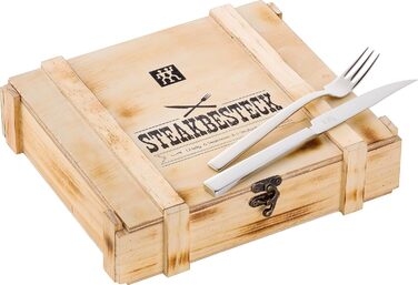 ZWILLING Steak Knife Set for 6 People, 12-Piece, 6 Steak Knives and 6 Steak Forks, Includes Wooden Storage Box, Stainless Steel / Wood, Silver