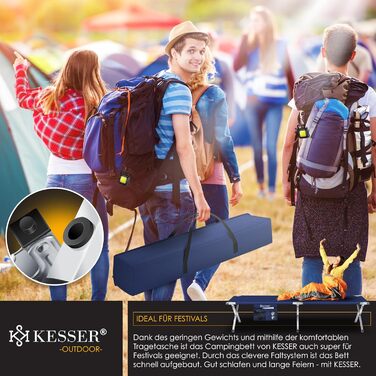 Ліжко туристичне розкладне KESSER® 210 см з сумкою, ліхтарем та кишенями, синій. Витримує 150 кг, сталевий каркас, 600D Oxford