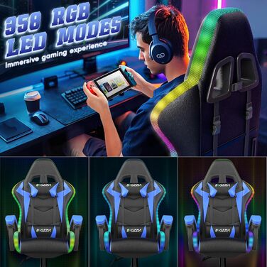 Геймерське крісло Bigzzia з RGB підсвіткою та підголівником, ергономічне крісло для комп'ютера, блакитне LED