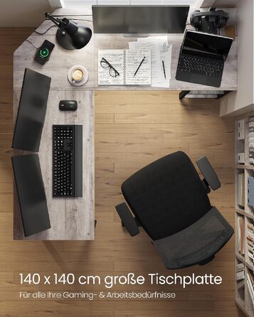 Кутовий L-подібний письмовий стіл VASAGLE для комп'ютера та геймінгу, 138 x 138 x 76 см, з 2 полицями для офісу та дому, колір бежевий (greige) та чорний, LWD72MB