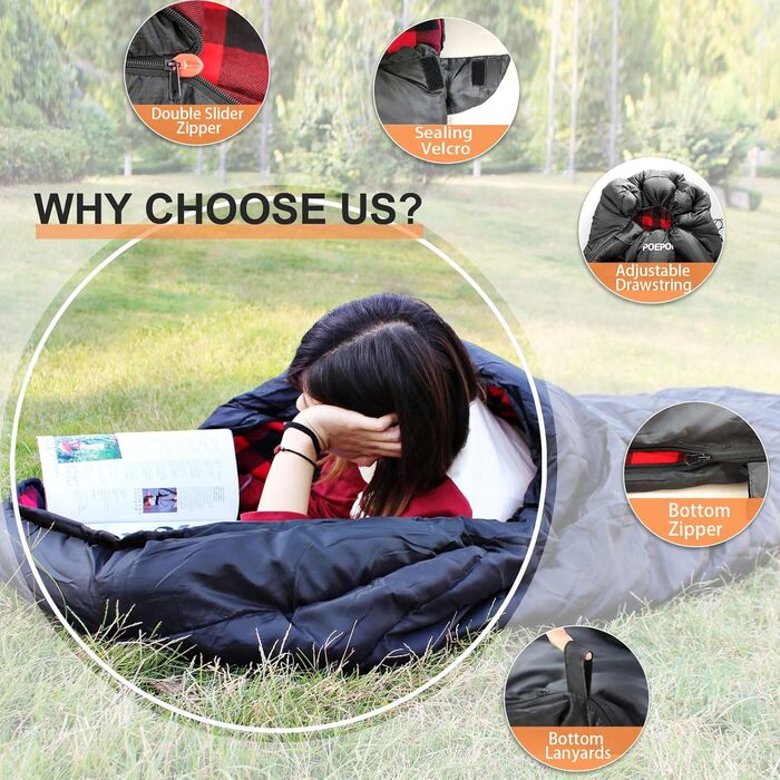 Спальний мішок Poepore Outdoor Winter для дорослих, Extra Wide, 3-4 сезони, XXL, теплий, бавовна, фланель, для кемпінгу, походів, пригод, 230*100 см, 0°C (Червоний, -6°C)