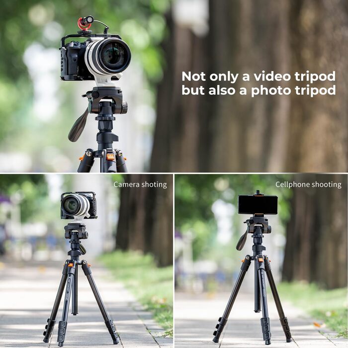 Штатив K&F Concept 177см для камери та телефону, трипод з 3-стороннім кріпленням, легкий туристичний штатив з алюмінію для DSLR та смартфонів