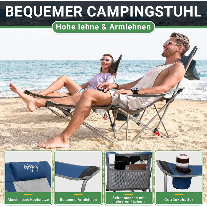 Кемпінговий стілець-розкладний WEJOY 2-в-1 з підставкою для ніг та підсклянником, блакитно-сірий