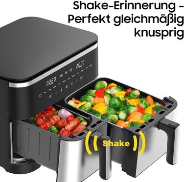 Фритюрниця повітряна подвійна 11л Airfryer, XXL фритюрниця з 2 кошиками, 7л/4л, для основного та гарніру одночасно, 2600W, 10 програм, сенсорний екран, нагадування про струшування