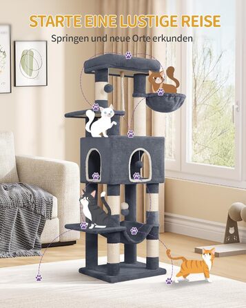 Дерево для котів Hzuaneri, 149 см, з 5 стовпчиками для шліфування, великими платформами, гніздом-хованкою, багатоярусне, з помпонами, MS14918LG (темно-сірий)