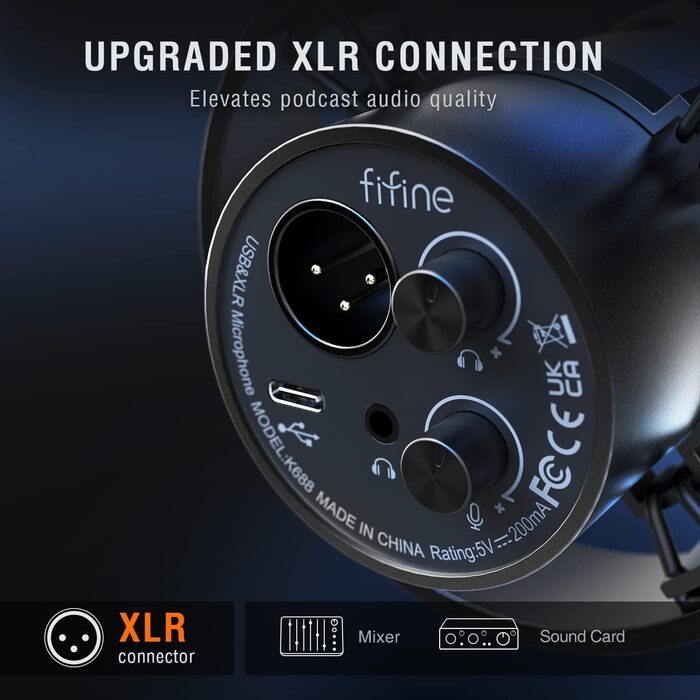 FIFINE XLR мікрофон студійний динамічний USB, для стрімінгу, подкастів, геймінгу, PS4/5, Mac, мікшер, звукова карта, чорний