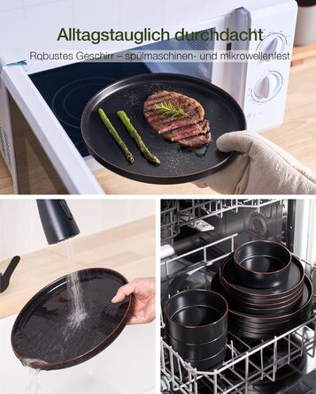 Набір посуду Mercury, 12 предметів: тарілки, супові миски, десертні тарілки, набір для 4 осіб, кераміка, колір графіт (матовий чорний), безпечний для мікрохвильової печі та посудомийної машини